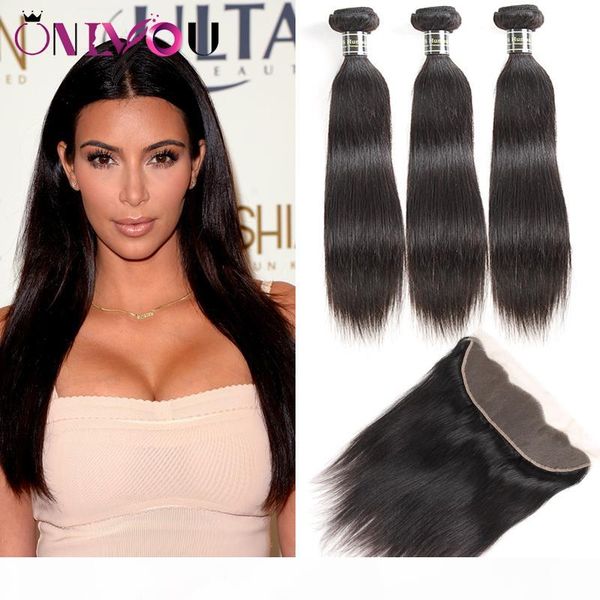 

9a grade peruvian straight virgin human hair weave bundles with lace frontal closure 3 bundles with closure ear to ear straight weaves wefts, Black;brown