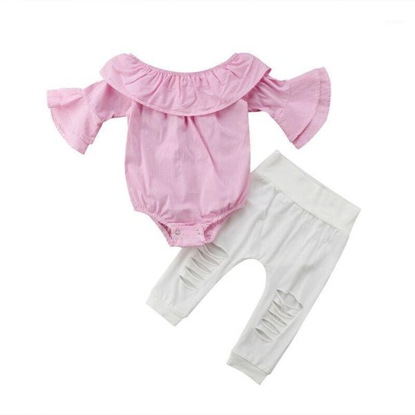 

baby 2pcs 0-24m girls clothes set toddler newborn infant kid off shoulder striped bodysuit ripped pants outfits clothing1, White