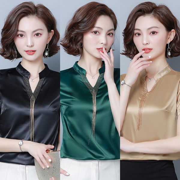 

шелковый v-образный вырез с короткими рукавами для женщин шелков shirtsummer новой кисточки свободной сатин футболки атласной базовой рубашк, White