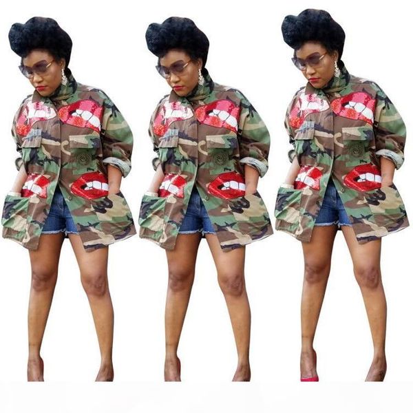 

2019 women green camouflage coats sparkling red sequins pattern long sleeves lapel neck fashion girls long jackets real pictures, Black;brown