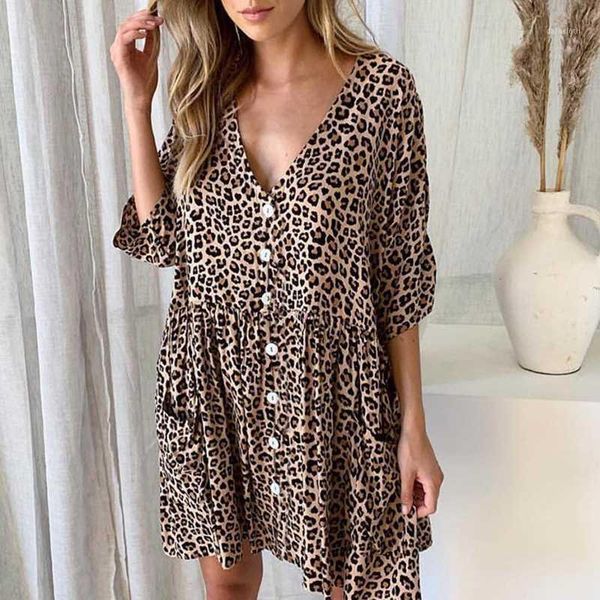 

summer mini vestido dress 2019 robe femme print fashion print leopard v-neck button pocket dress women short beach1, Black;gray