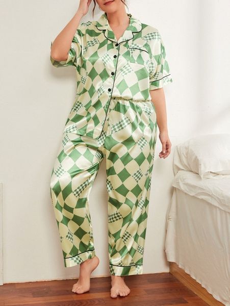 

plus geo print contrast piping satin blouse & pants pj set m1lh#, Black;white