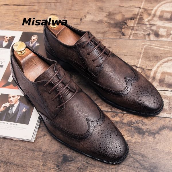 Misalwa Plus Size Black Dress Shoes For Men British Designer Pelle Uomo Brogue Elegant Shoes Comfort Pointed Toe Flat da sposa Y200420