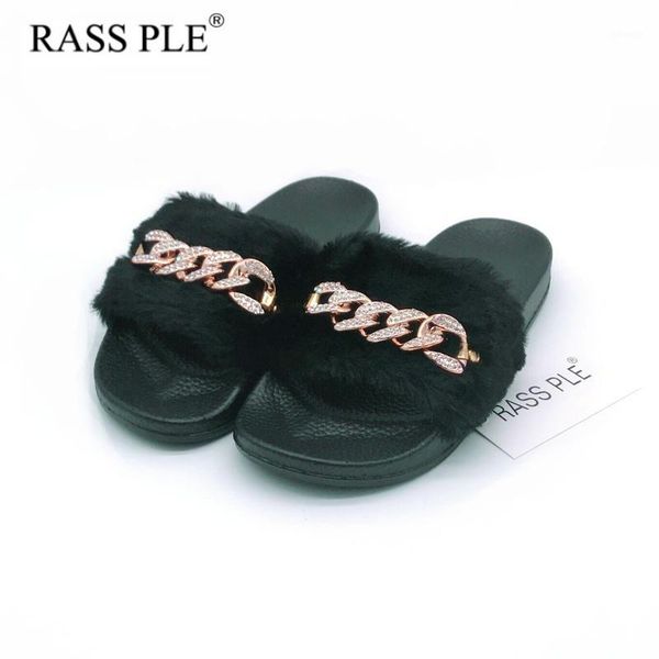 

slippers rass ple 2021 women spring summer autumn fluffy fur slides chain flip flops comfortable flat shoes1, Black