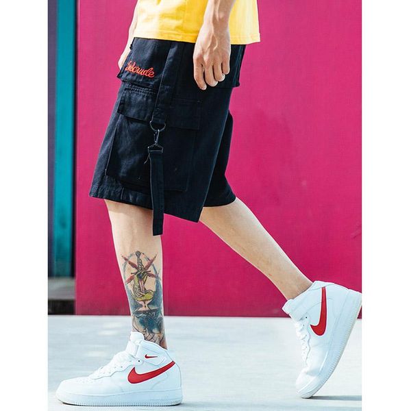 

men's shorts man summer 2021 hip hop cargo men streetwear harajuku ribbon side pockets board casual mens sweat, White;black