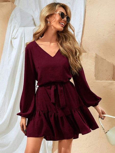 

lantern sleeve belted ruffle hem a-line dress f8ut#, Black;gray