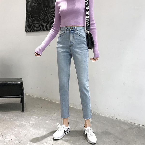 

retro jeans woman 2020 high waist ripped jeans ladies chic straight trousers light blue denim blue femme jean ankle length1