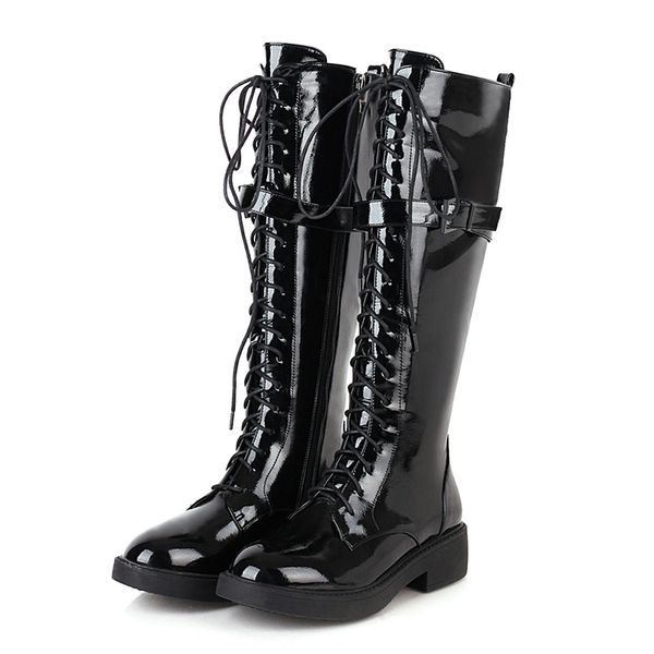 

boots lucyever autumn winter fashion knee high women black silver square heels lace up shoes woman patent leather long botas