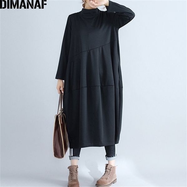 

dimanaf women long dresses turtleneck cotton ladies elegant vestidos plus size female clothes pleated loose 2021 autumn winter 201028, Black;gray