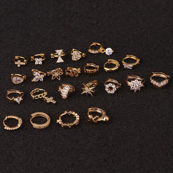 

1 pcs mix design cute small 5 mm circles copper hoops gold color zircon cross flower heart ear hoops cuff earrings ear jewelry, Golden;silver
