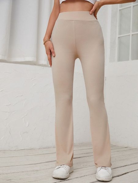 

ribbed knit high waist flare leg pants u7ee#, Black;white