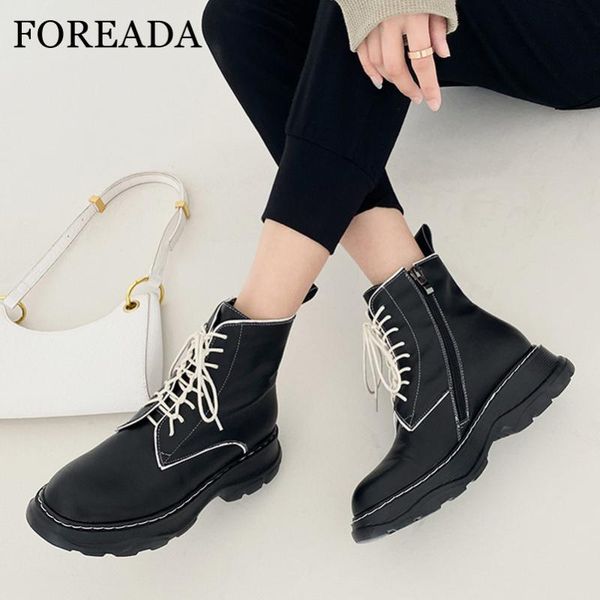 

foreada real leather ankle boots woman flat platform motorcycle boots lace up short zip female shoes autumn winter size 40, Black