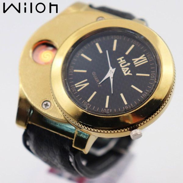 

lighter watch for men outdoor usb charging simple quartz watches sports men's casual flameless cigarette lighter f775, Slivery;brown