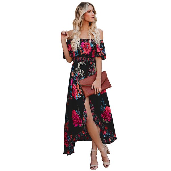 

women slash neck floral dresses short sleeve high split slim dresses ladies summer clothing, Black;gray