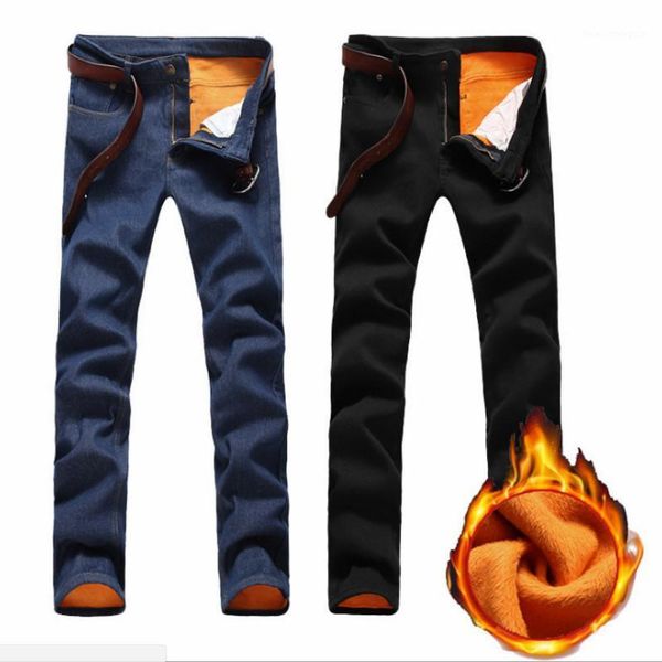 

men's jeans warm fleece mens winter stretch thick velvet jean trousers flocking soft men pant1, Blue