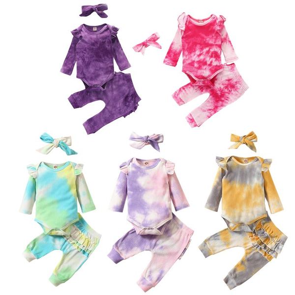 

focusnorm 0-24m toddler baby girls boys clothes sets 3pcs tie dye printed ruffles long sleeve romper pants headband, White
