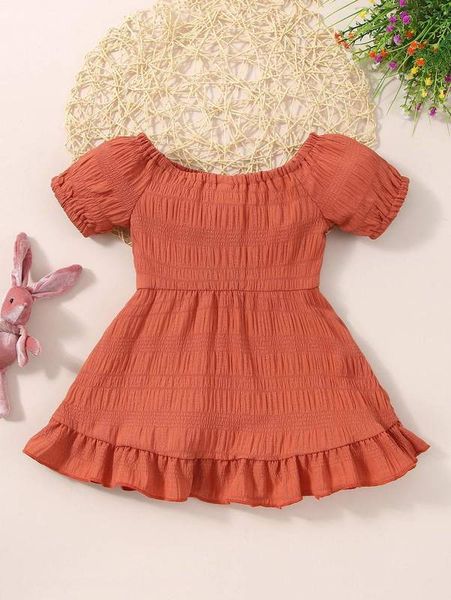 

baby textured puff sleeve ruffle hem dress she, Red;yellow