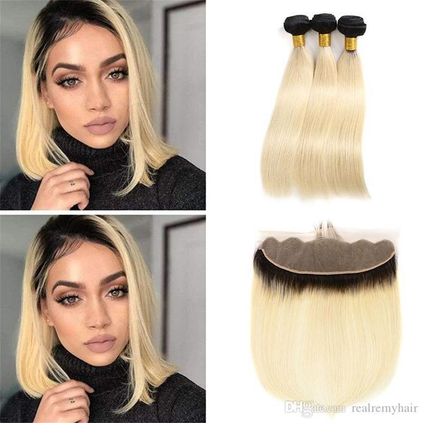 

brazilian honey blonde ombre human hair bundles deals with lace frontal closure straight 1b 613 13x4 full lace frontal with weaves, Black;brown