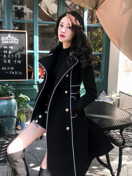 

double breasted long wool coat women winter british style pockets slim work office thick warm cashmere blends outwear1, Black