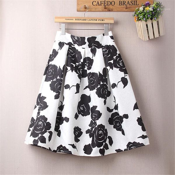 

spring summer skirts womens 2020 midi knee length korean elegant floral prints high waist skirt female a-line party skirt girls1, Black