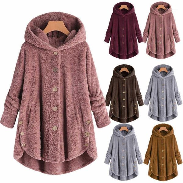 

fluffy women sweater coat warm loose overcoat winter outwear jacket button1, Black