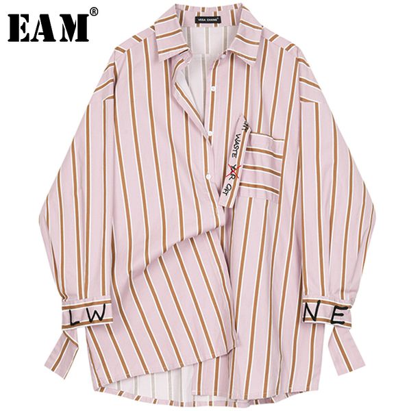 

[eam] new spring autumn lapel long sleeve red striped printed letter big size shirt women blouse fashion tide jq226 201126, White