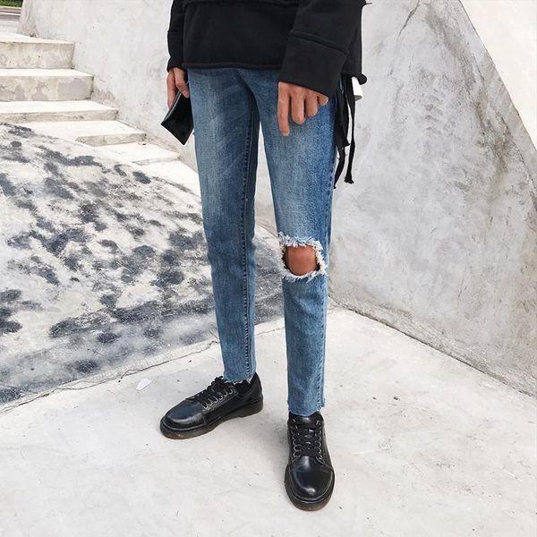 

2018 spring and autumn new men's jeans nine trousers street style teen trendy casual underwear boys fashion slim pants1, Blue