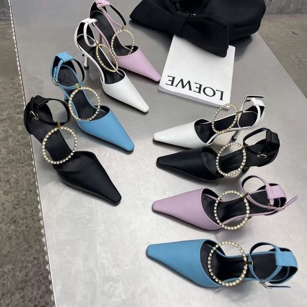 

sandals fashion women pointed toe ankle strap ring rhinestone thin high heels summer slides purple/blue/black/white pump