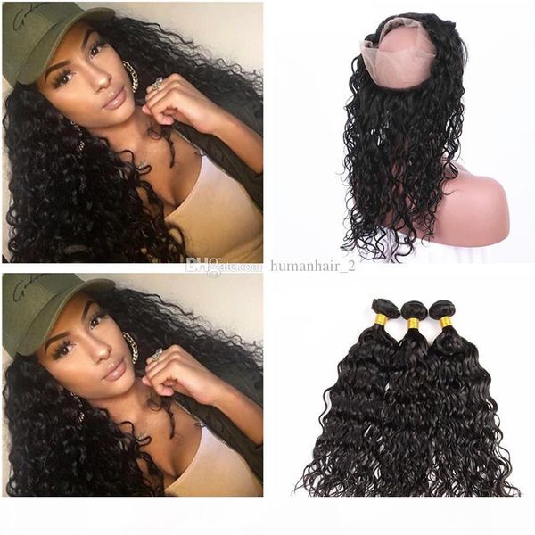 

pre plucked 360 full lace frontal closure with bundles indian water wave virgin human hair weaves with 360 lace band frontal wet wavy, Black;brown
