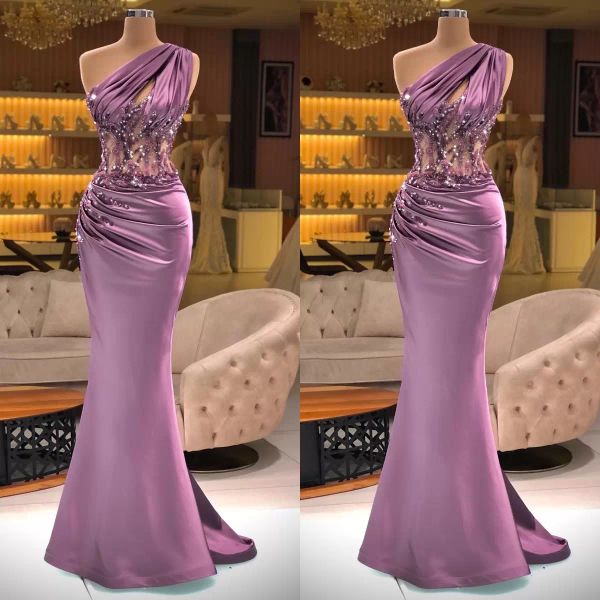 Платье с пурпурной русалкой вечерние платья без рукавов одно плечо кружевное аппликация из бисера иллюзия талия атласная длина пол Африканское плюс размер