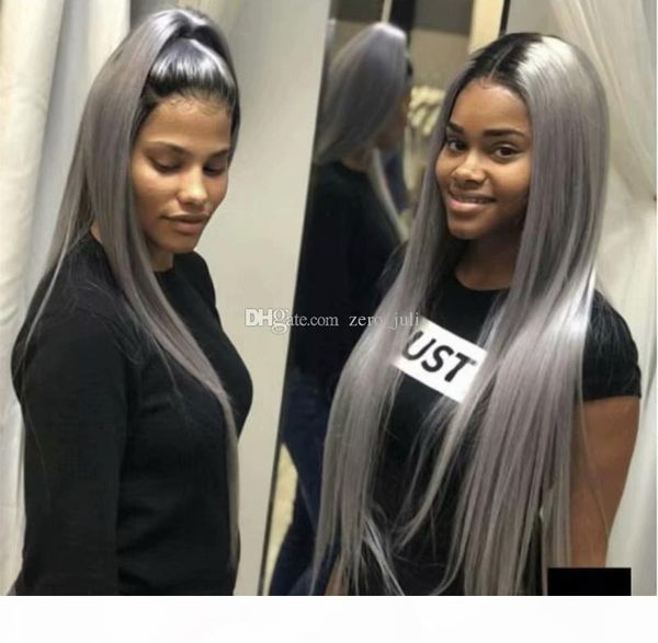 

150 density full lace wig 1b grey bleached knots 8-26 inch brazilian virgin human hair straight wigs for black women, Black;brown