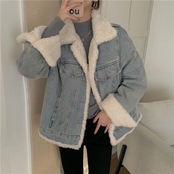 

2021 new retro denim female korean winter lamb loose wool style long-sleeved boyfriend jeans dropshipping jacket 6o06, Black;brown