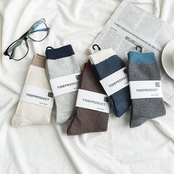 

10 pieces = 5 pairs japanese crew socks men's autumn winter fashion color matching thigh high socks breathable cotton1, Black
