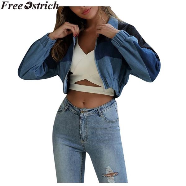 

women fashion denim jacket long sleeve casual spring autumn patchwork jacket zip lapel slim short plus size womens, Black;brown