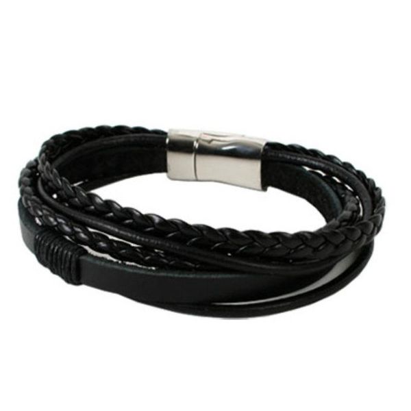 

cowhide braided multi-layer magnet clasp bracelet european and american simple punk leather rope compilation men bracelet, Black