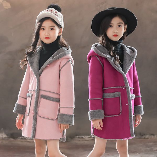 

baby girl jacket winter thick warm woolen coat 3-10 years old girl windbreaker faux leather jacket girl mid-length hooded jacket 1029, Blue;gray