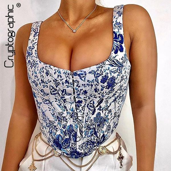 

cryptographic woman summer 2019 blue and white porcelain vest square collar slim short tank hidden breasted zipper 1