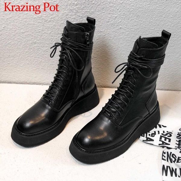 

boots krazing pot simple style solid classic basic cow leather round toe high heels winter keep women lace up mid-calf l151, Black