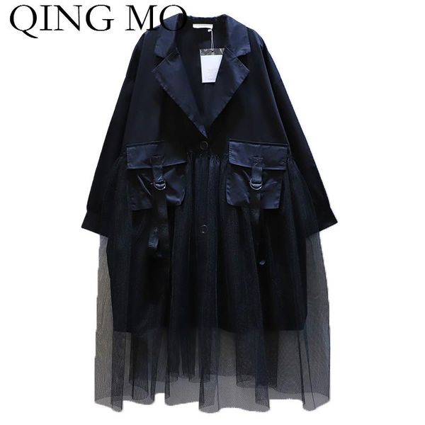 

women's trench coats qing mo 2021 autumn est women single button coat mesh patchwork female fashionale v neck zqy5072, Tan;black