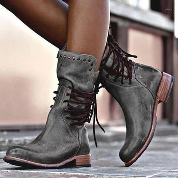 

boots winter autumn women pu leather mid calf lace-up zipper thick heel rivet short tube shoes female1, Black