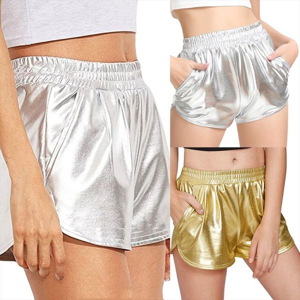 

женщины короткие моды высокой талией спорт шорты shiny metallic твердая повседневный lady j16, White;black
