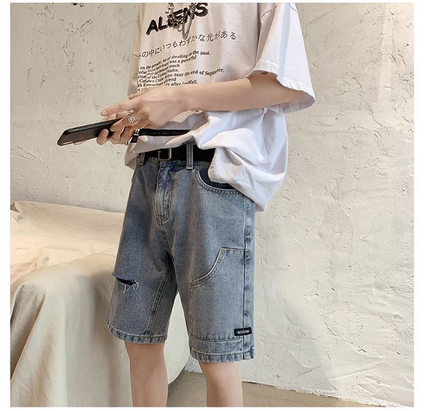 

2021 the new will see shorts denim men short hole in a straight line thin male fashion pocket color cotton jeans ce2z, Blue