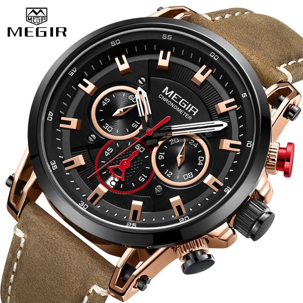

megir watch men's leather strap quartz sports watch men's waterproof shockproof watch chronograph 2020 reloj hombre, Slivery;brown