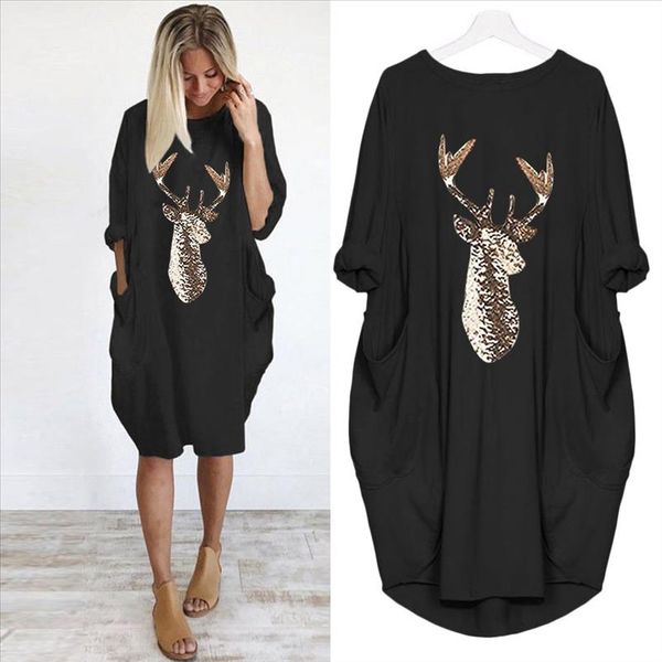 

plus size dress women casual loose elk printting sundress 2021 autumn winter ladies o neck long pocket christmas dresses 5s, Black;gray