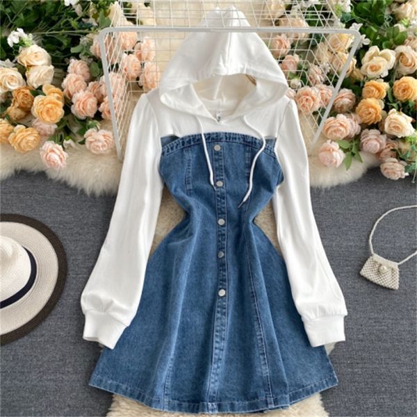 

2021 new age-reducing hooded sweater female design sense niche contrast color stitching retro denim dress 9s6x, Black;gray