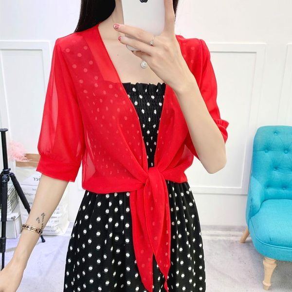 

l fat mm sun protection clothing female summer short chiffon cardigan thin small shawl coat wai da female new fang shai shan1, White