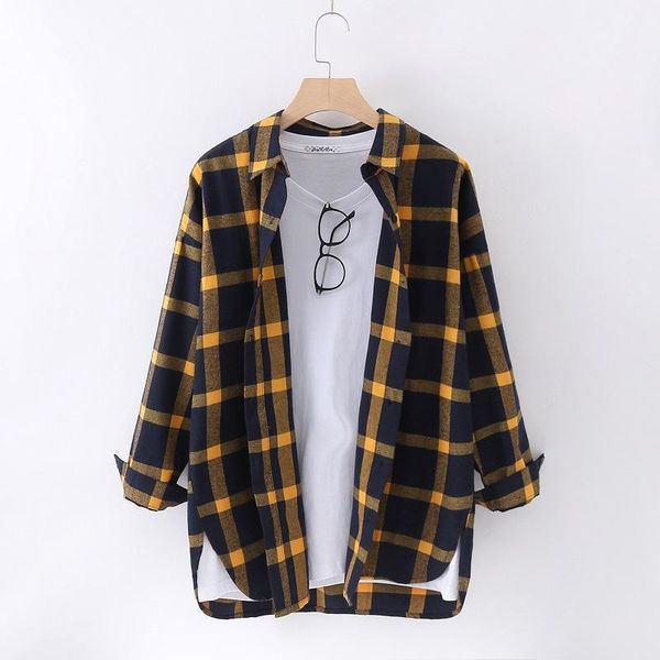 

new all-amtch spring autumn fashion large size loose plaid women blouses turn down collar long sleeve female shirts casual1, White