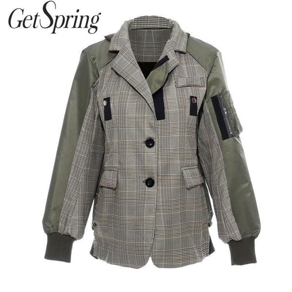

getspring women jacket plaid patchwork women coat long sleeve single breasted ladies jackets irregular woman autumn 2020, Black;brown