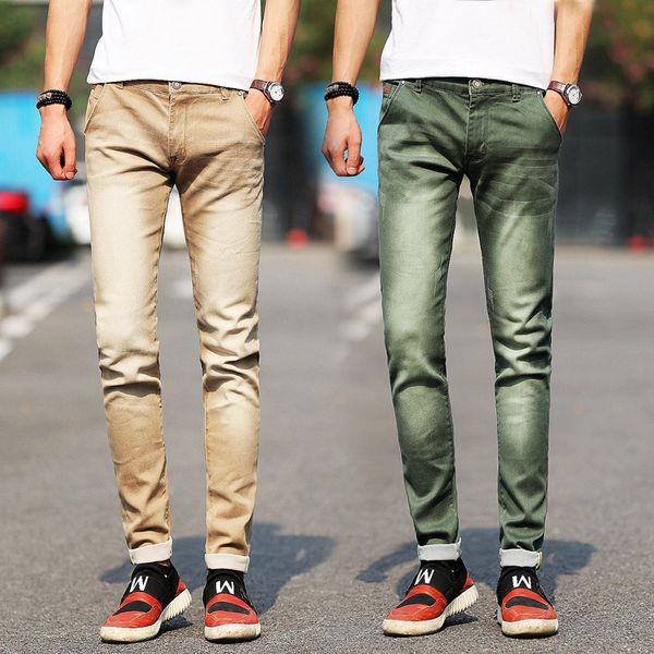 

young men's jeans trend six color slim small straight pants men's fashion korean men's pants, Blue