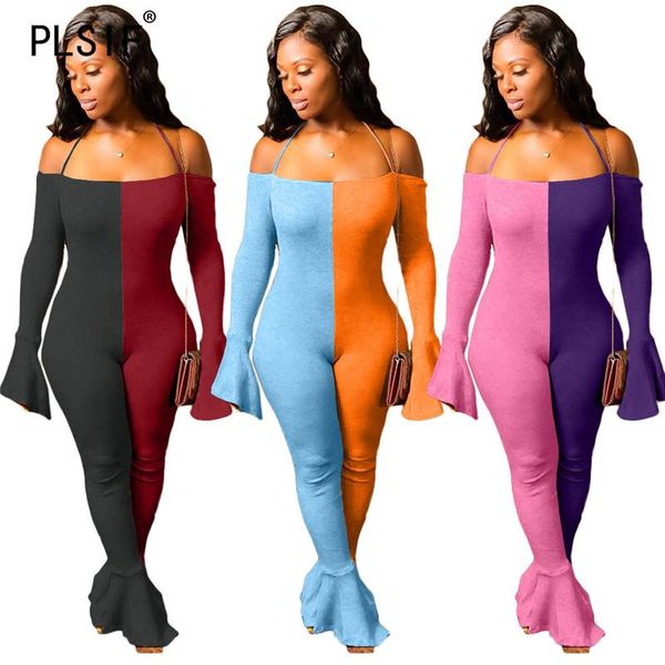

slash neck full length romper flare sleeve overalls for women skinny club body mujer jumpsuits, Black;white